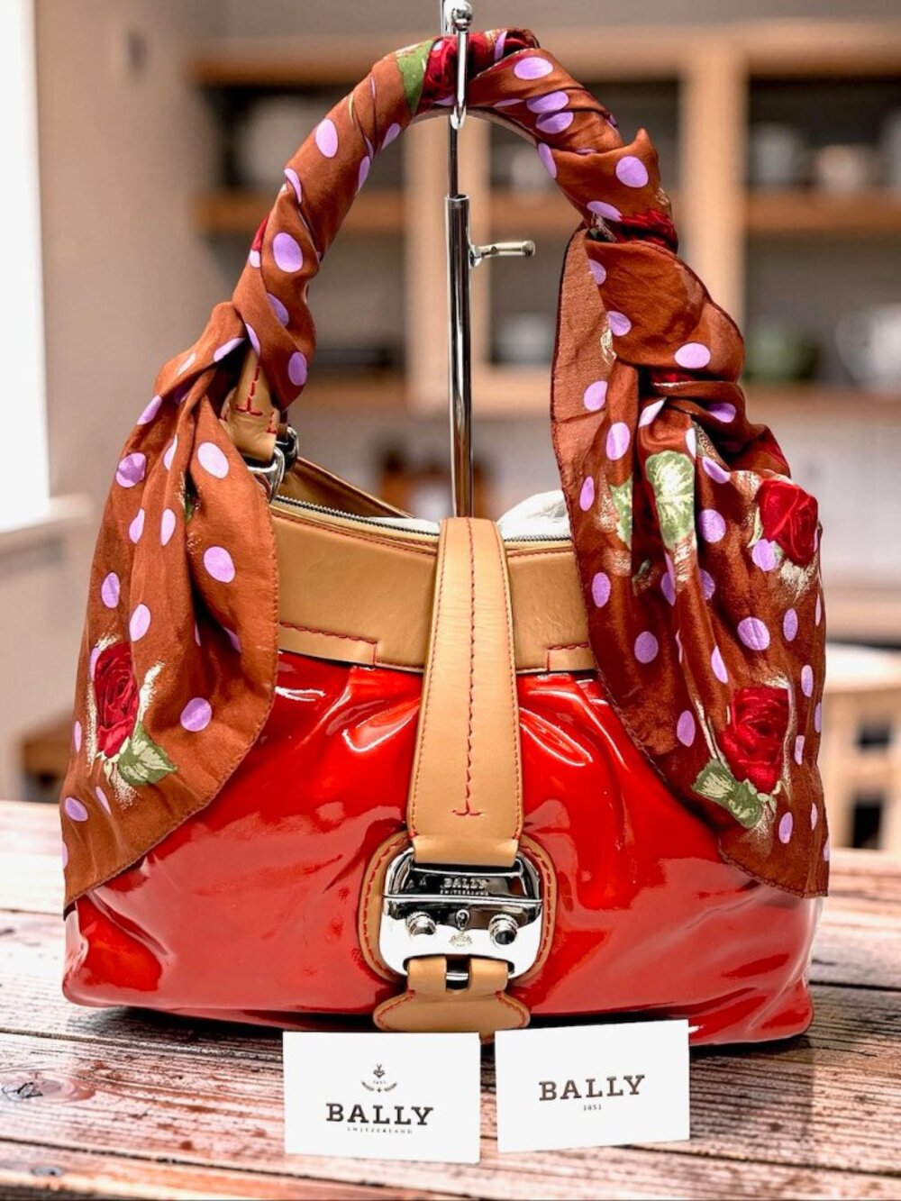 Classic 1831 Bally Switzerland Patten Leather Shoulder Lg Bag Red Lock+ Scarf(7 - Picture 3 of 16